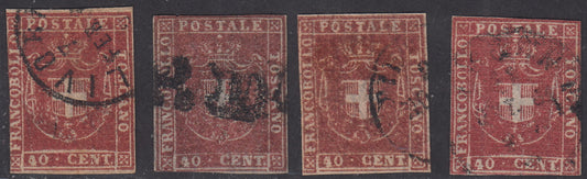 PV1903 - 1860 - Scudo di Savoia sormontato da Corona Reale, c. 40 nei quattro colori catalogati usati, confronto impeccabile. (21, 21a, 21b, 21c)