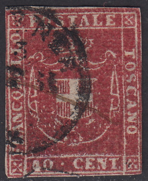 PV1910 - 1860 - Scudo di Savoia sormontato da Corona Reale, c. 40 carminio usato (21).