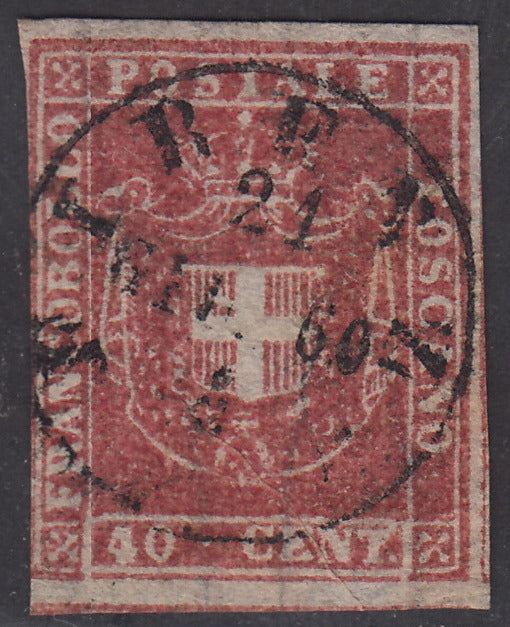 1860 - Scudo di Savoia sormontato da Corona Reale, c. 40 carminio scarlatto usato (21a).