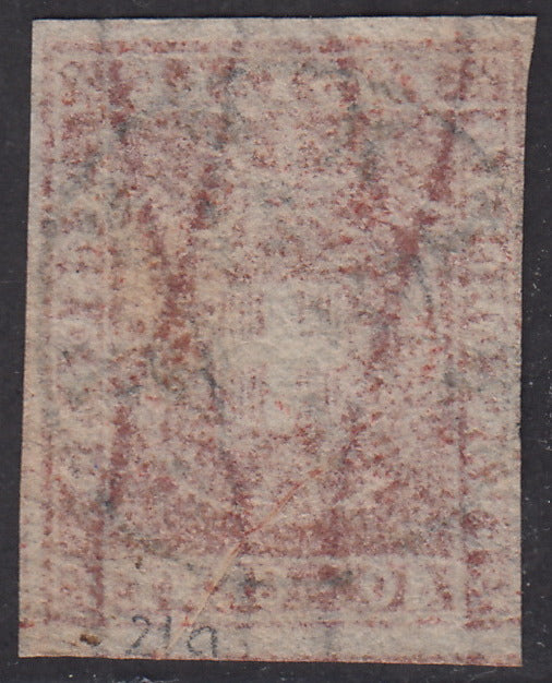 1860 - Scudo di Savoia sormontato da Corona Reale, c. 40 carminio scarlatto usato (21a).
