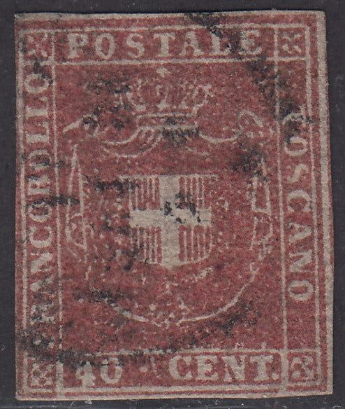 PV1923 - 1860 - Shield of Savoy surmounted by Royal Crown, c. 40 used pink carmine (21b). 