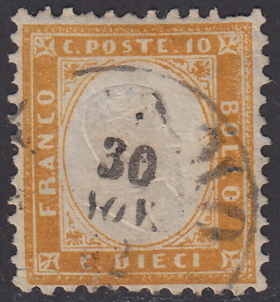 1862 - Emissione dentellata, c. 10 arancio ocra usato con annullo del 30/11/62 (1h).