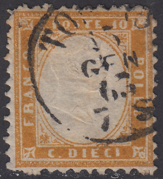 1862 - Perforated issue, c. 10 used orange bistro with Turin postmark 13/1/63 (1g).