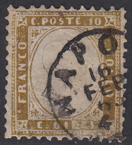 1862 - Perforated issue, c. 10 olive (light) used with cancellation Napoli 16/2/63 (1b).