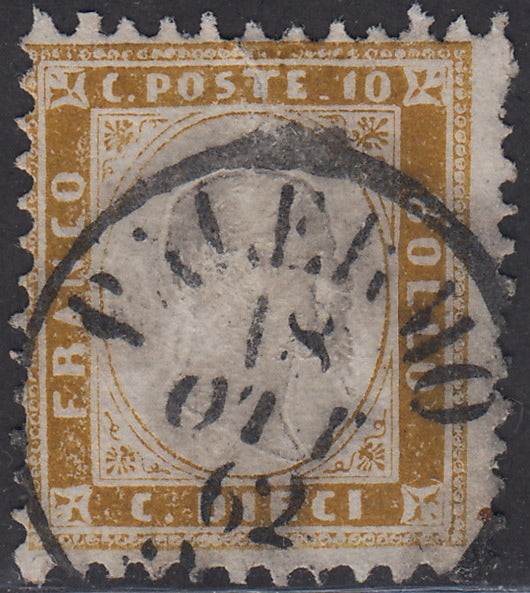 1862 - Perforated issue, c. 10 dark olive bistro used with cancellation Palermo 18/10/62 (1st).