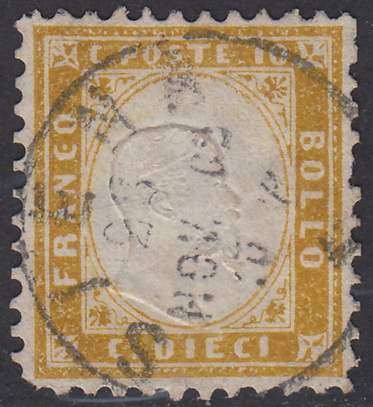 1862 - Perforated issue, c. 10 olive yellow used with Siena cancellation 11/23/62 (1ba).