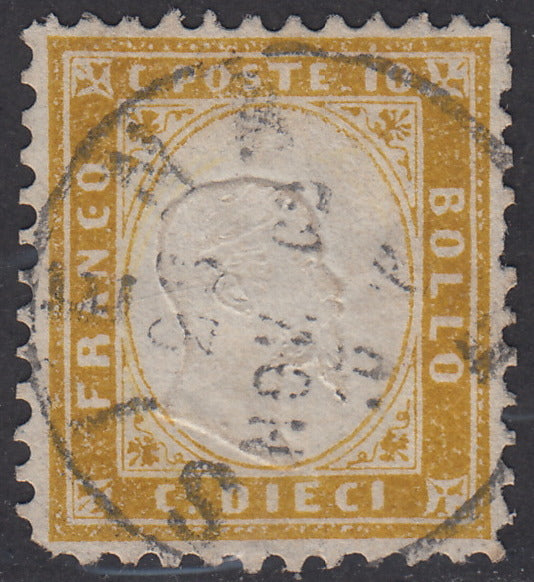 1862 - Emissione dentellata, c. 10 giallo olivastro usato con annullo Siena 23/11/62 (1ba).