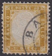 PV1965 - 1862 - Emissione dentellata, c. 10 giallo olivastro usato a Bari (1ba)