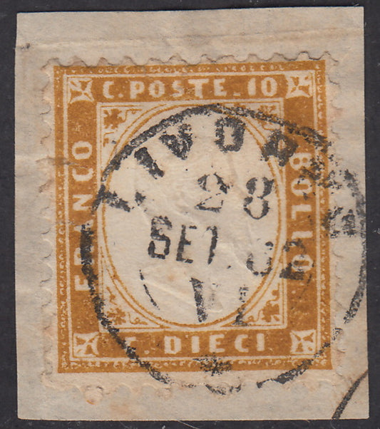 1862 - Perforated issue, c. 10 bistro used on fragment with Livorno cancellation 28/9/62 (1f).