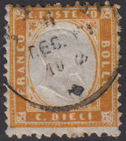 1862 - Efigie de Vittorio Emanuele II mirando hacia la derecha, c. 20 celestes perforados con peine, usados ​​(2e)