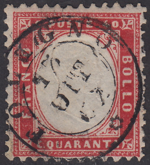 1862 - Emissione dentellata, c. 40 rosso carminio usato con annullo di Foligno 15/10/62 (3).