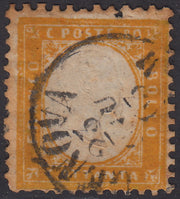 1862 - Efigie de Vittorio Emanuele II mirando hacia la derecha, c. 80 amarillo anaranjado oscuro perforado con peine, usado (4b)