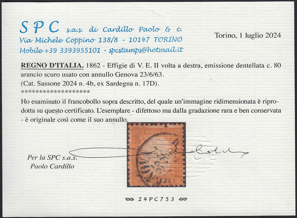 1862 - Efigie de Vittorio Emanuele II mirando hacia la derecha, c. 80 amarillo anaranjado oscuro perforado con peine, usado (4b)