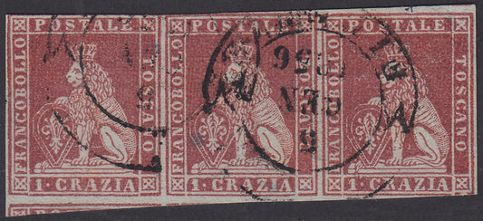 PV2058 - 1851 - Leone di Marzocco, 1 crazia brown carmine on gray paper and watermark crown strip of three copies used (4e)
