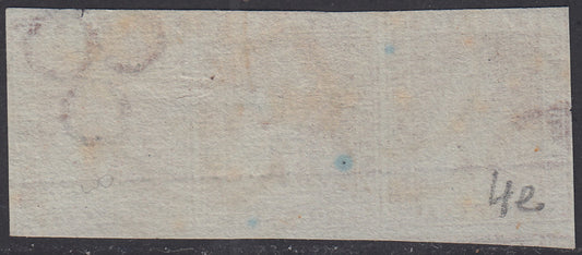 PV2058 - 1851 - Leone di Marzocco, 1 crazia carminio bruno su carta grigia e filigrana corona striscia di tre esemplari usata (4e)