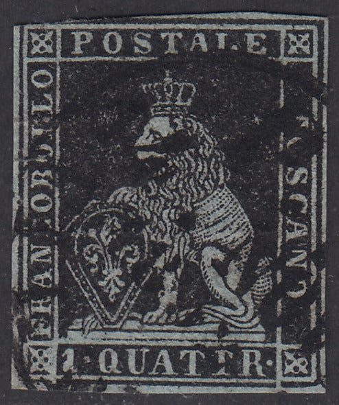 PV2156 1851 Leone di Marzocco, 1 quattrino nero su carta azzurra e filigrana corona, usato (1a)