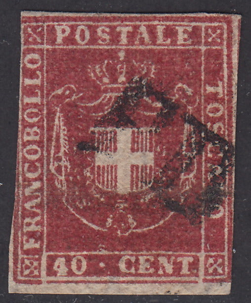 PV2173 - 1860 - Scudo di Savoia sormontato da Corona Reale, c. 40 carminio cupo usato (21c).