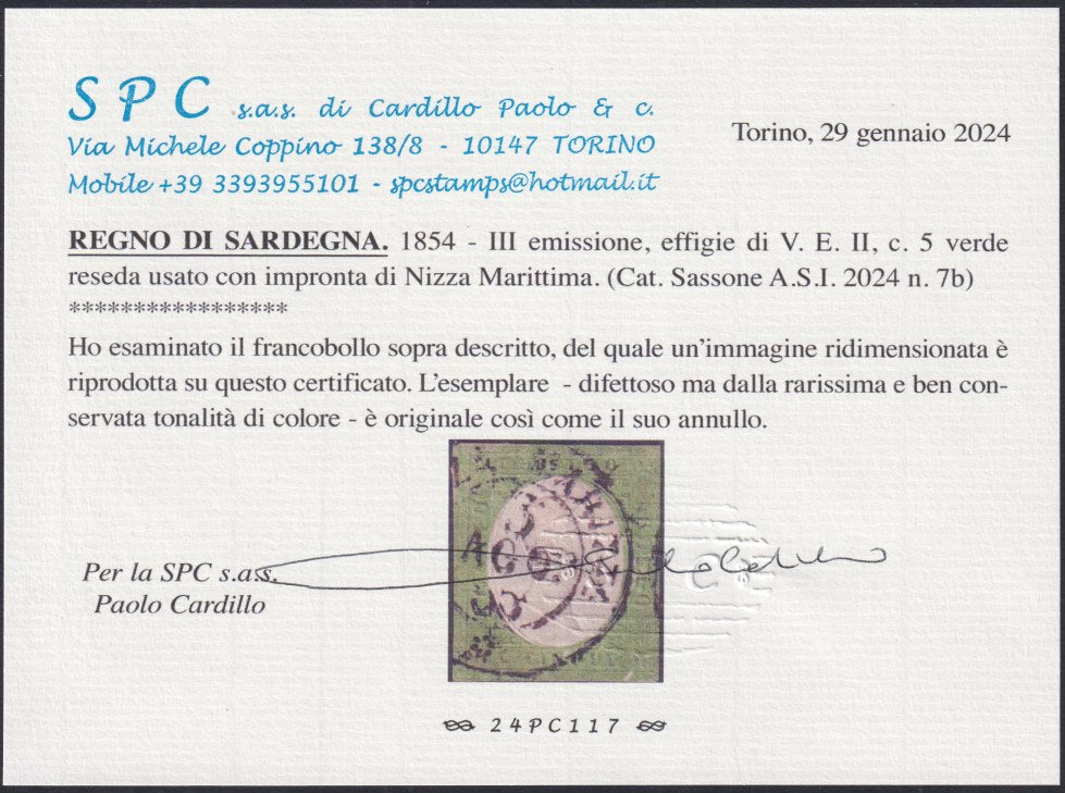 PV2182 - 1854 - III issue c. 5 reseda green used in Nizza Marittima, rare example. (7b).