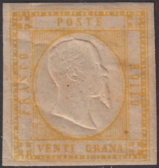 PV239 - 1861 - Effigie di V.E. II volta a destra, 20 grana giallo arancio nuovo con gomma originale (23a)