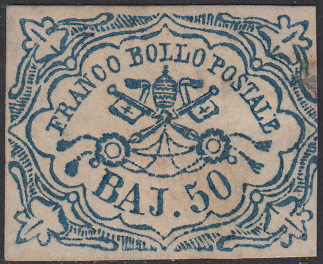 PV327 - 1852 - Stemma pontificio, 50 baj azzurro nuovo con gomma originale (10)