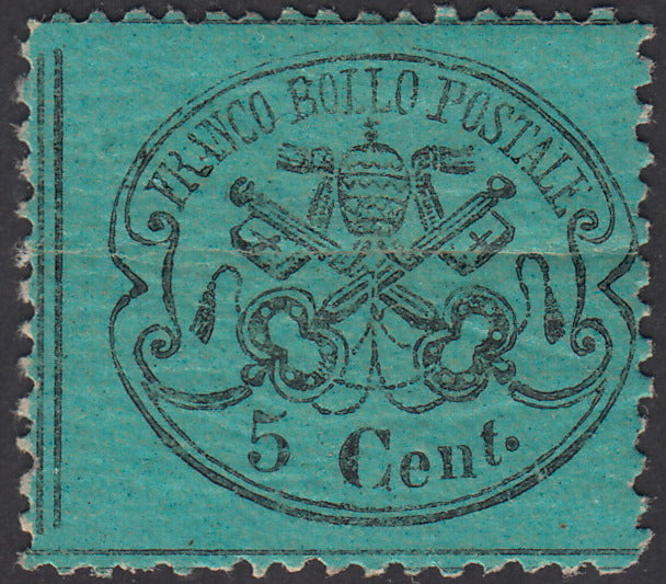 1868 - III emissione c.5 azzurro verdastro su carta lucida da fogli di 120 esemplari, senza punto dopo la cifra nuovo (25bh)