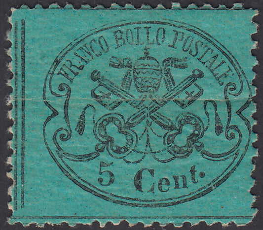 1868 - III emissione c.5 azzurro verdastro su carta lucida da fogli di 120 esemplari, senza punto dopo la cifra nuovo (25bh)