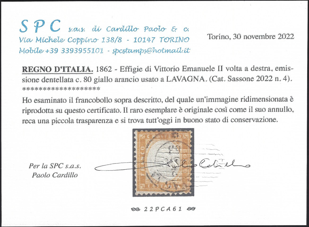 1862 - Perforated issue, c. 80 yellow orange used with Lavagna cancellation (4).