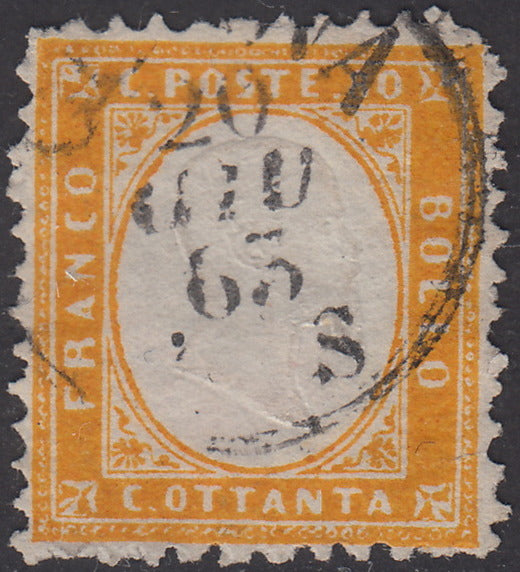 1862 - Emissione dentellata, c. 80 giallo arancio usato con annullo di Genova (4).