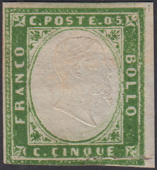 PV444 - 1857 - IV emissione c. 5 verde giallo I composizione nuovo con gomma originale (13Ad)