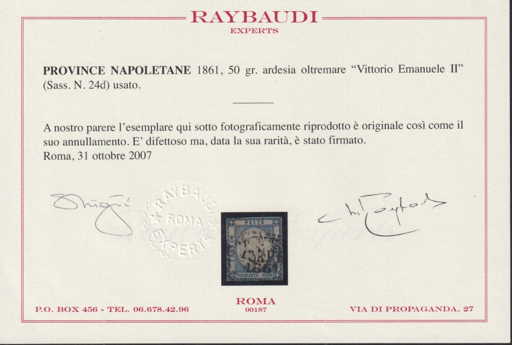 1861 - 1 black grain, copy with triple effigy, new with original rubber (19 AD). Cardillo certificate.