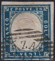 PV60_172 - 1859 - IV emissione c. 20 azzurro scuro I tavola tiratura 59 usato SUZZARA, oltrepo' mantovano (15B, R3)