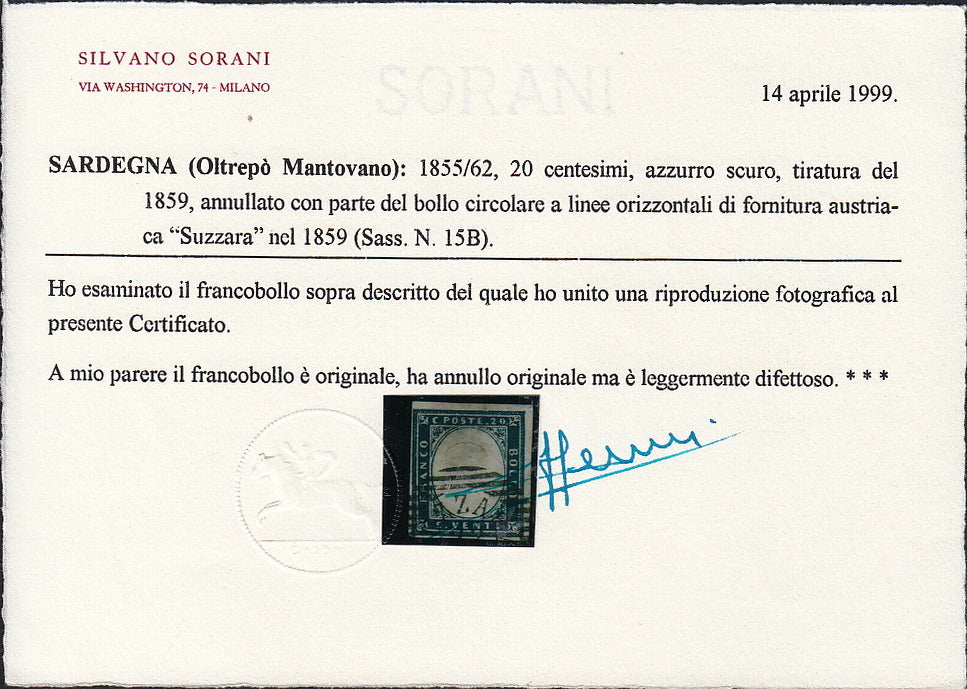 PV60_172 - 1859 - IV emissione c. 20 azzurro scuro I tavola tiratura 59 usato SUZZARA, oltrepo' mantovano (15B, R3)