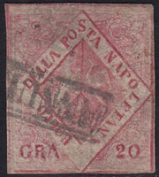 PV60_232 - 1859/61 - Stemma delle Due Sicilie, 20 grana carminio FALSO per servire del II tipo usato (F9)