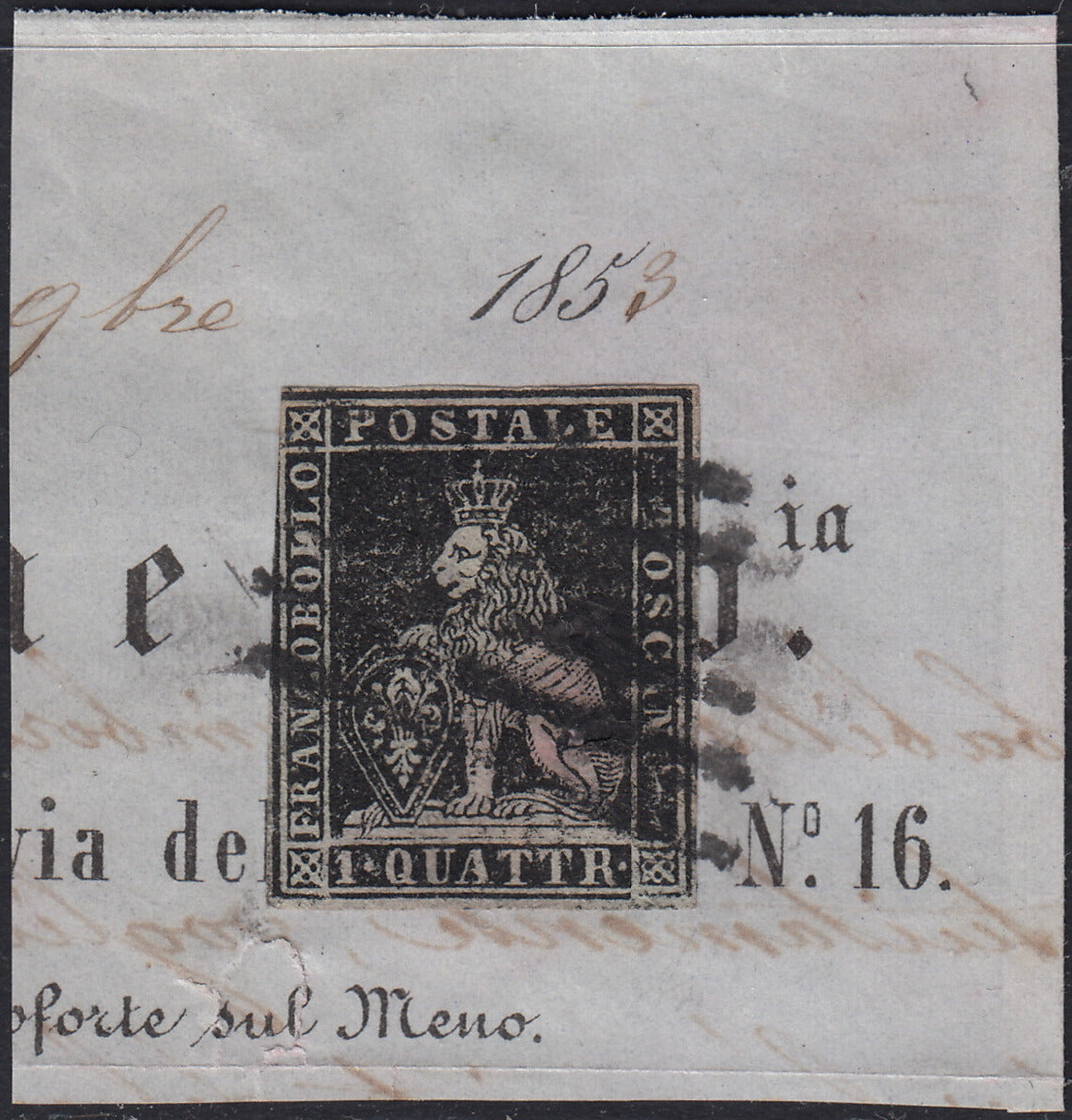 PPP449 - 1851 Leone di Marzocco, 2 light blue crazie on gray paper and crown watermark, used (5d)