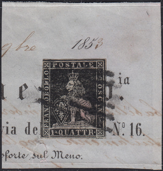 PPP449 - 1851 Leone di Marzocco, 2 light blue crazie on gray paper and crown watermark, used (5d)