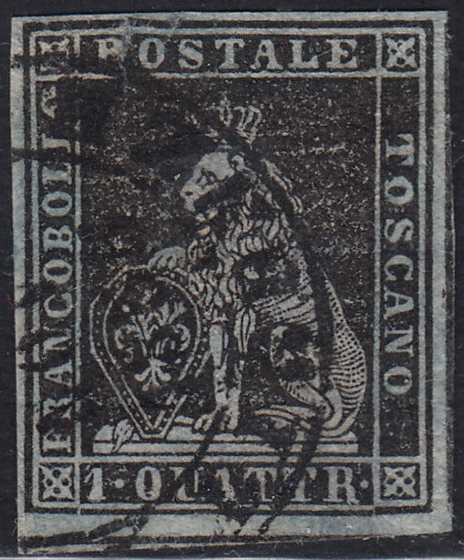 PPP449 - 1851 Leone di Marzocco, 2 light blue crazie on gray paper and crown watermark, used (5d)