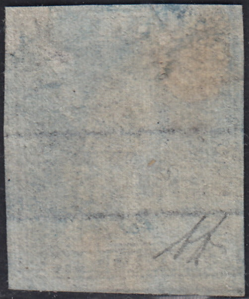 PPP449 - 1851 Leone di Marzocco, 2 light blue crazie on gray paper and crown watermark, used (5d)