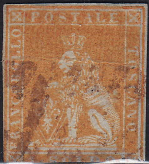 PV60_319 - 1851 - Leone di Marzocco, 1 soldo bistro arancio su carta grigia e filigrana corona usato (2d)