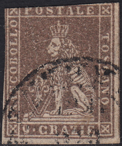 PPP449 - 1851 Leone di Marzocco, 2 light blue crazie on gray paper and crown watermark, used (5d)