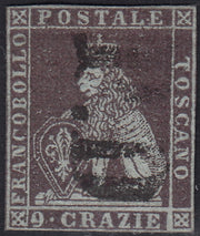 PPP449 - 1851 Leone di Marzocco, 2 light blue crazie on gray paper and crown watermark, used (5d)