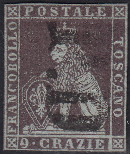 PPP449 - 1851 Leone di Marzocco, 2 light blue crazie on gray paper and crown watermark, used (5d)