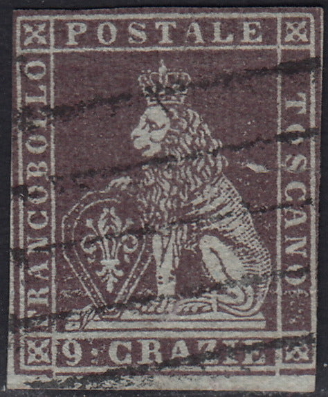 PPP449 - 1851 Leone di Marzocco, 2 light blue crazie on gray paper and crown watermark, used (5d)