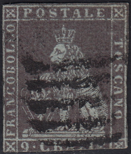 PPP449 - 1851 Leone di Marzocco, 2 light blue crazie on gray paper and crown watermark, used (5d)