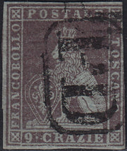 PPP449 - 1851 Leone di Marzocco, 2 light blue crazie on gray paper and crown watermark, used (5d)