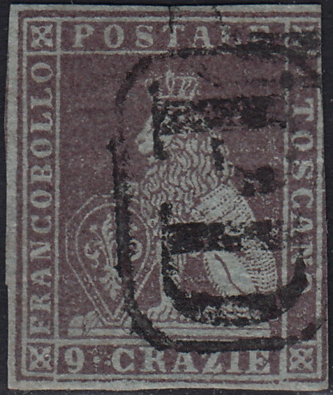 PPP449 - 1851 Leone di Marzocco, 2 light blue crazie on gray paper and crown watermark, used (5d)