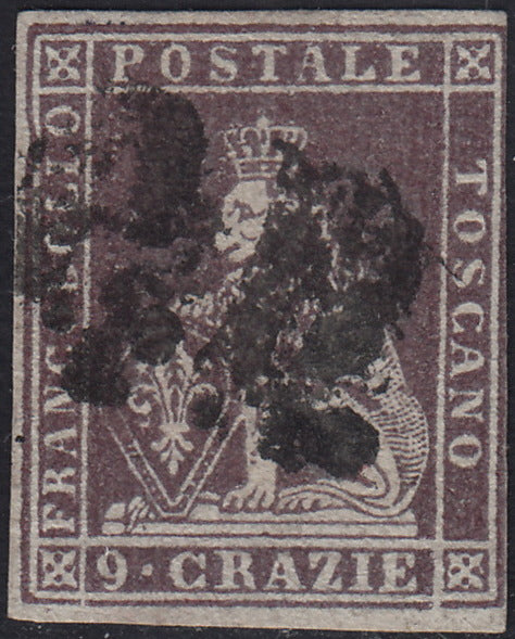 PV60_332 - 1851 - Leone di Marzocco, 9 crazie bruno violaceo chiaro su carta grigia e filigrana corona usato (8c)