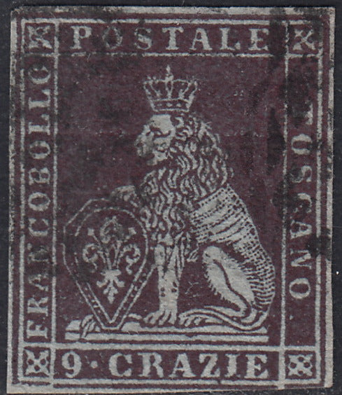 PPP449 - 1851 Leone di Marzocco, 2 light blue crazie on gray paper and crown watermark, used (5d)