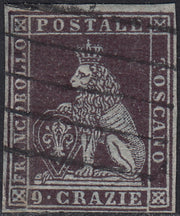 PPP449 - 1851 Leone di Marzocco, 2 light blue crazie on gray paper and crown watermark, used (5d)