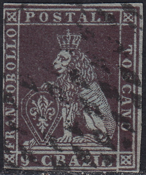 PPP449 - 1851 Leone di Marzocco, 2 light blue crazie on gray paper and crown watermark, used (5d)