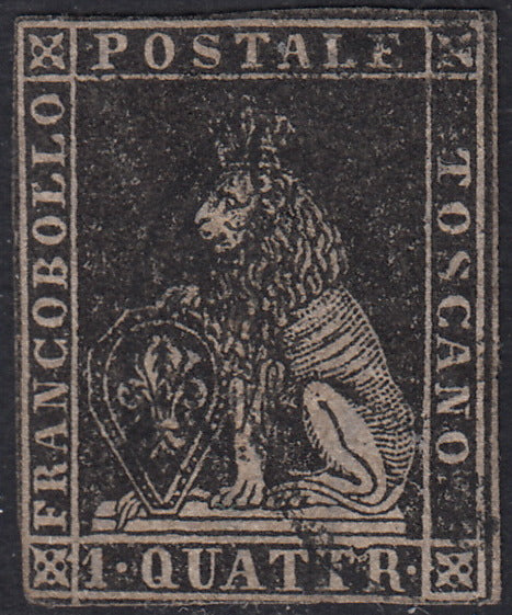 PV60_338 - 1857 - Leone di Marzocco, 1 quattrino nero su carta bianca e filigrana linee ondulate usato (10)